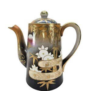 Antique Japanese Porcelain Teapot With Hand-Painted Bamboo & Flower Motif JE326